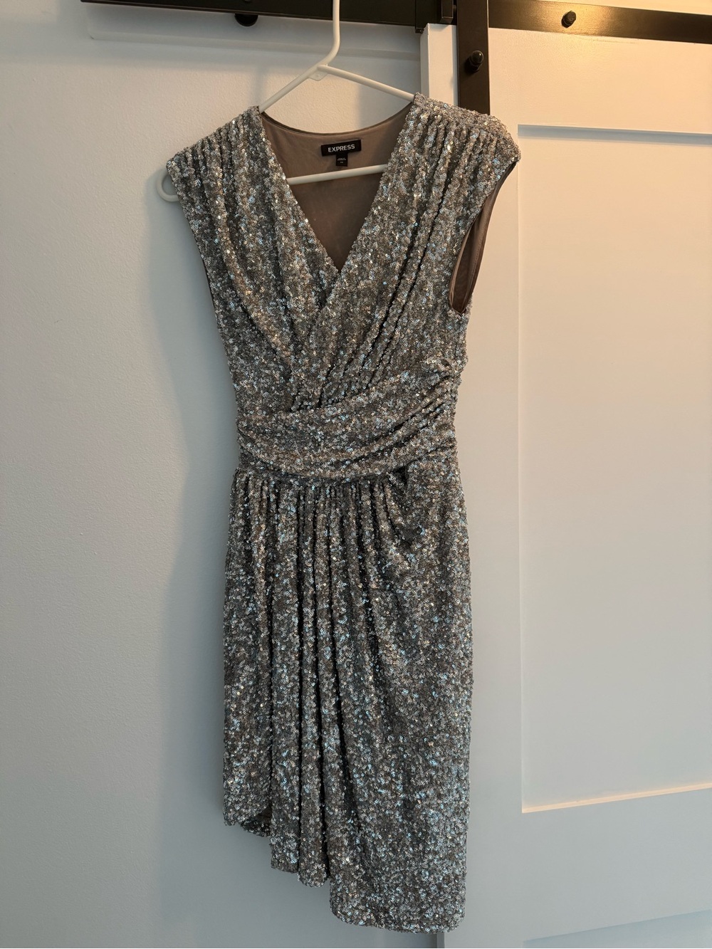Express Silver Sequin Asymmetrical V-Neck Dress
